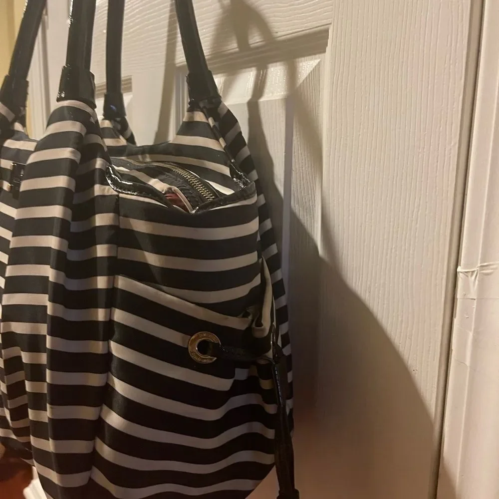 Kate Spafe large black & white striped Nylon diaper bag/travel bag